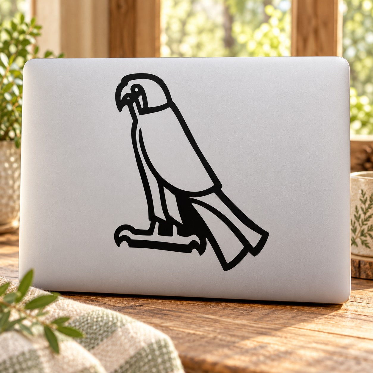 Egyptian falcon decal with bold black outline on a white rectangular background