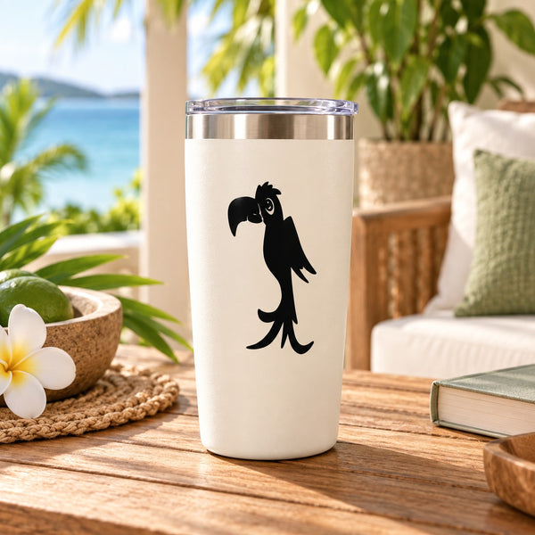 Cartoon parrot decal on white tumbler, black bird silhouette