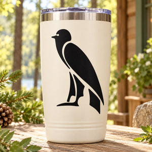 White tumbler with black falcon decal and stainless steel lid