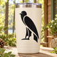 White tumbler with black falcon decal and stainless steel lid