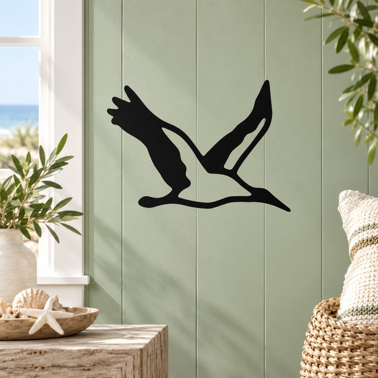 Flying shore bird silhouette wall decal, black