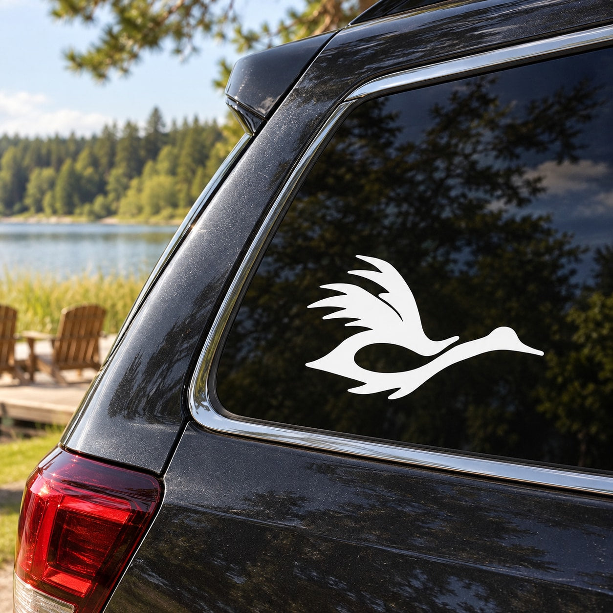 White duck vinyl decal on car rear window