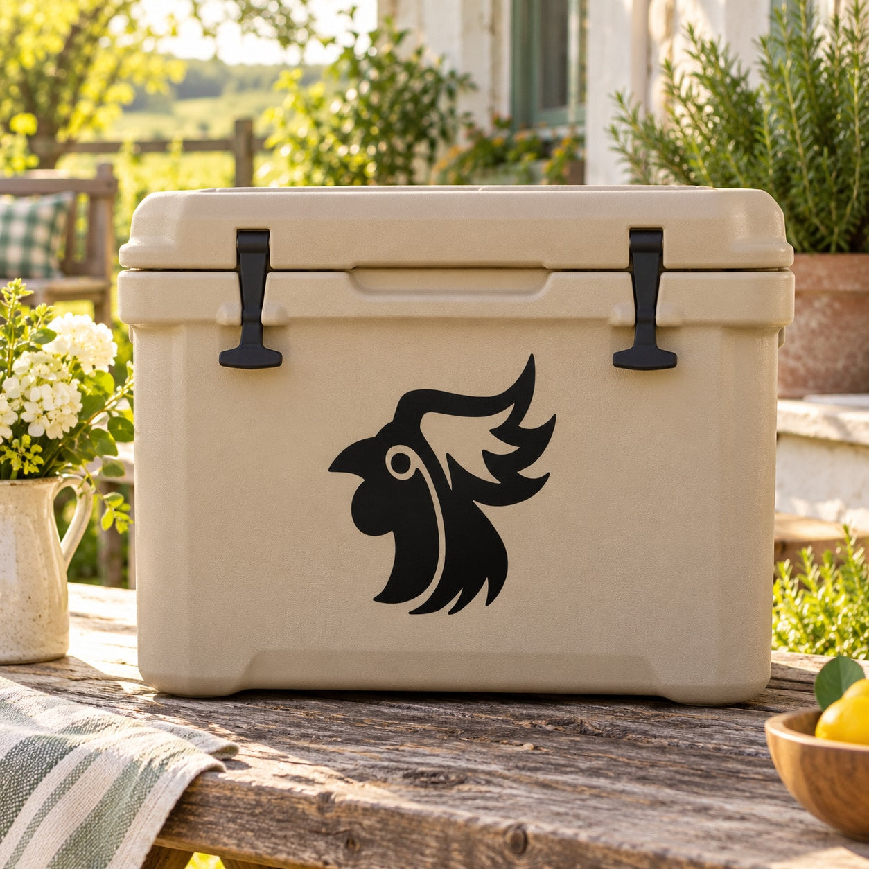 Posed rooster head decal in black on a light beige surface
