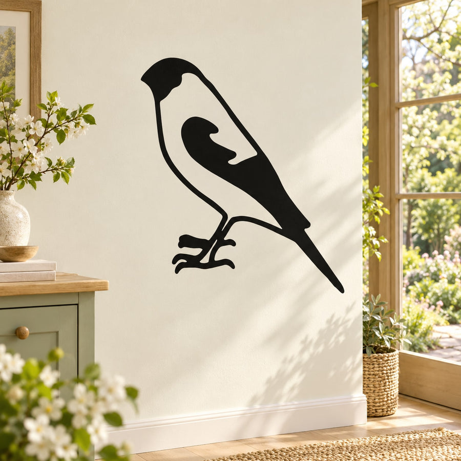 Black finch bird wall decal with raised wing and beak silhouette