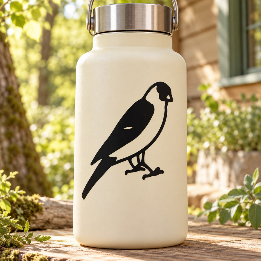 Black perched canary decal on white bottle with metal lid