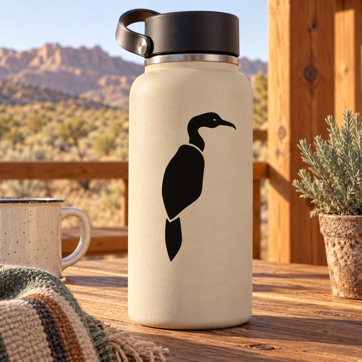 Vulture silhouette decal on light-colored water bottle