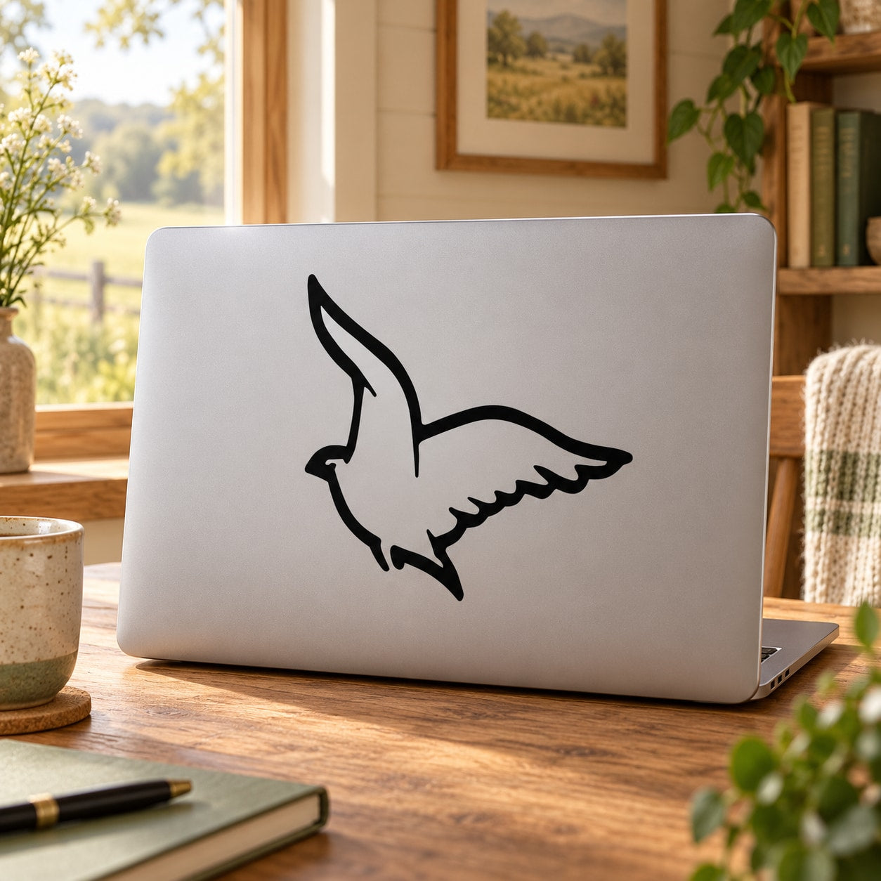 Flapping fowl decal: black flying bird silhouette with wings spread