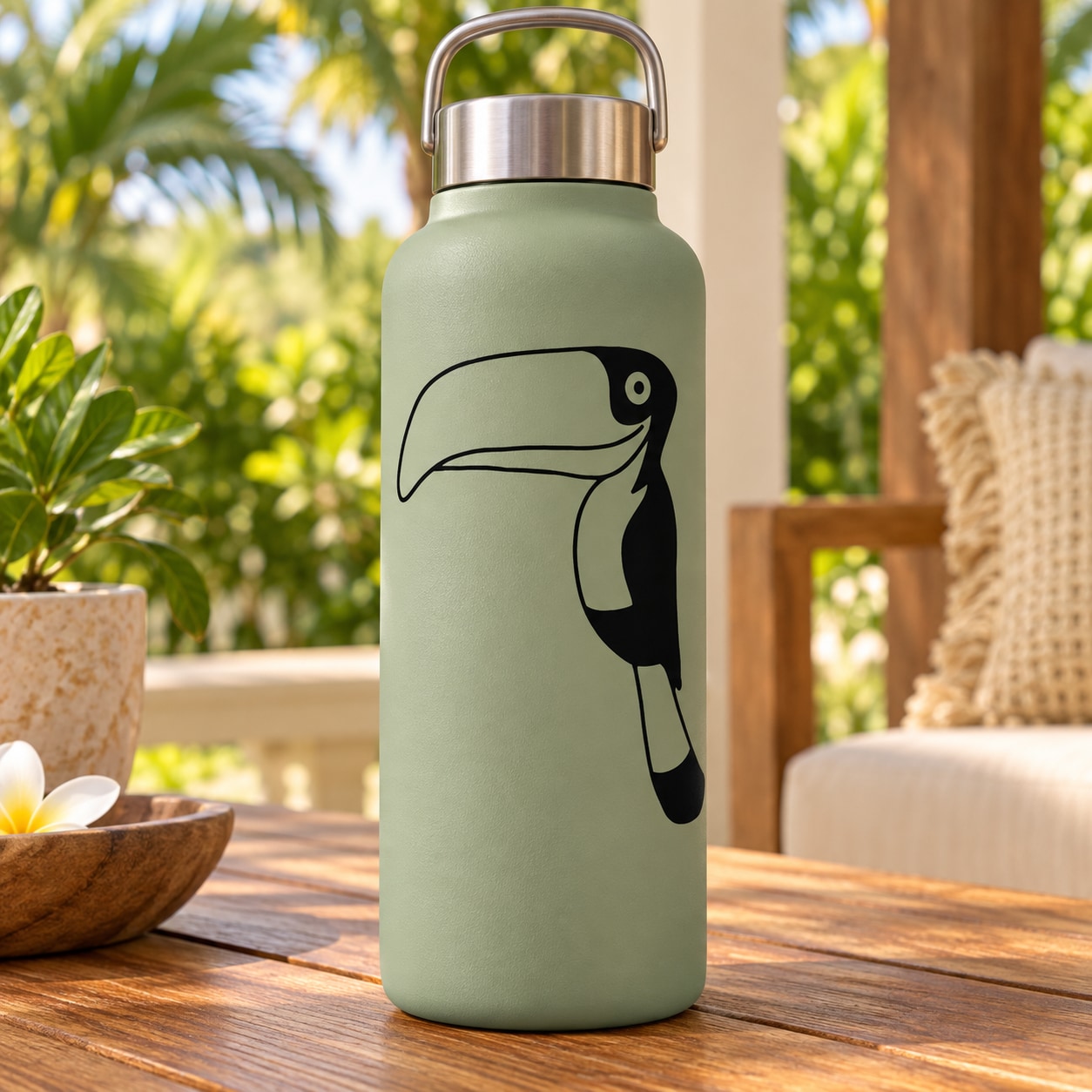 Toucan bird decal with smiling beak design in black and white on light green bottle
