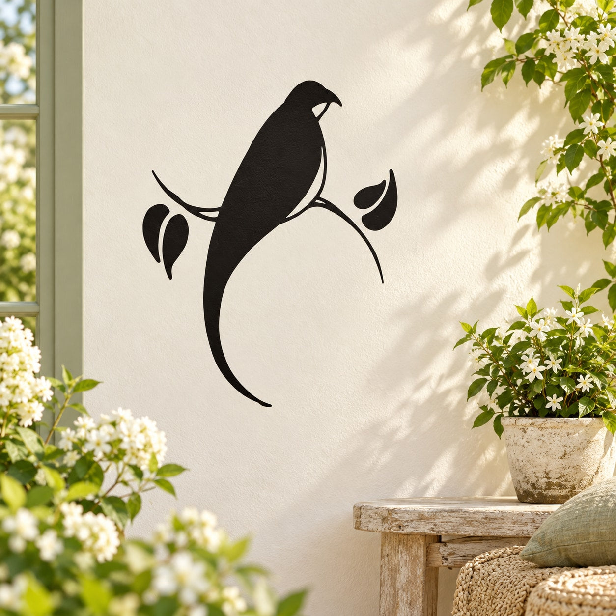 Black bird and branch wall decal, graceful silhouette design