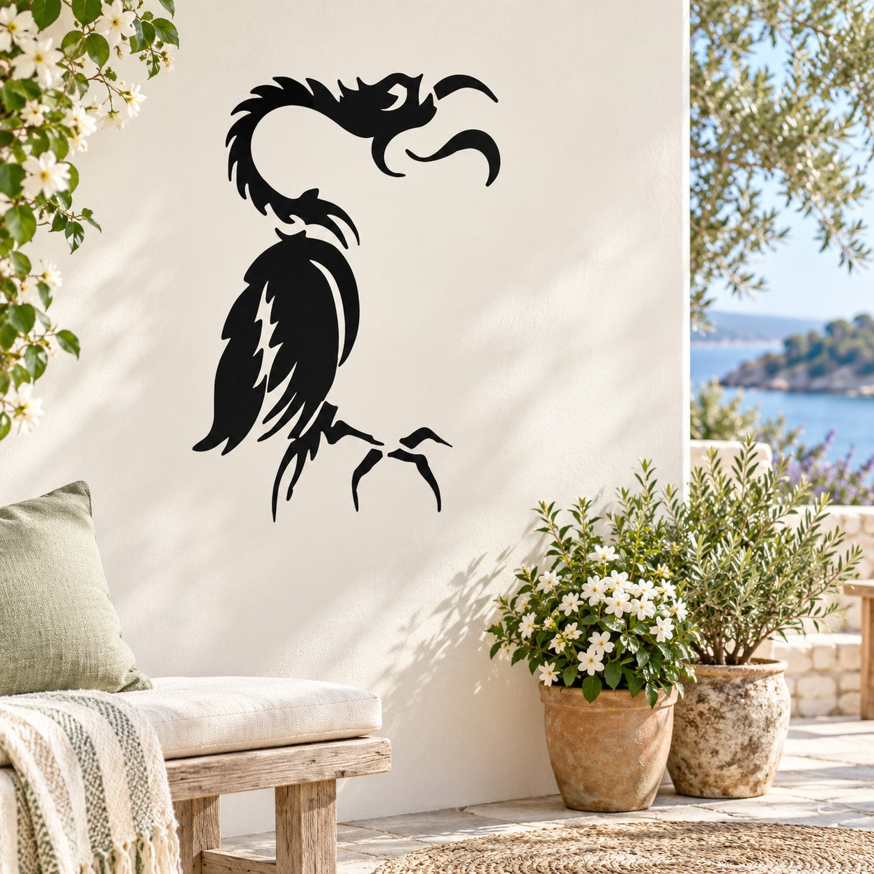 Black bird wall decal silhouette with curled crest and spread wing
