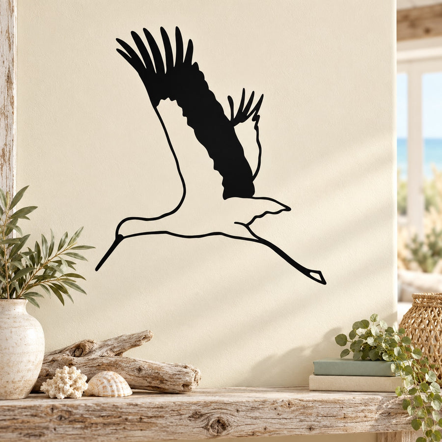 Black heron bird wall decal with long legs and wings spread