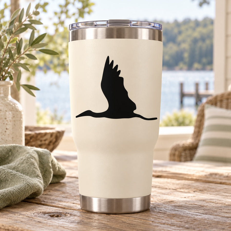 Black flying stork silhouette decal for a tumbler cup, single bird design