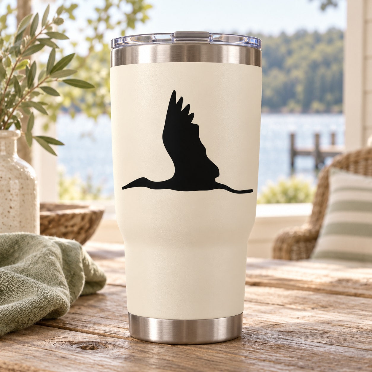 Black flying stork silhouette decal for a tumbler cup, single bird design