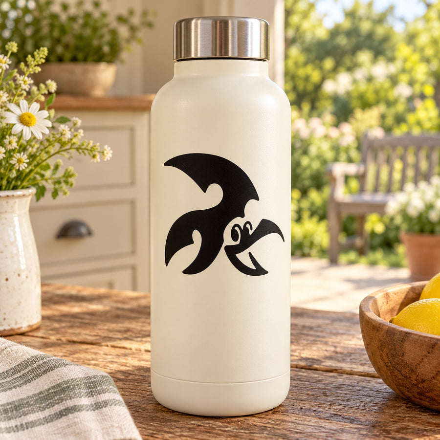 Cream insulated water bottle with black smiling rooster cartoon face