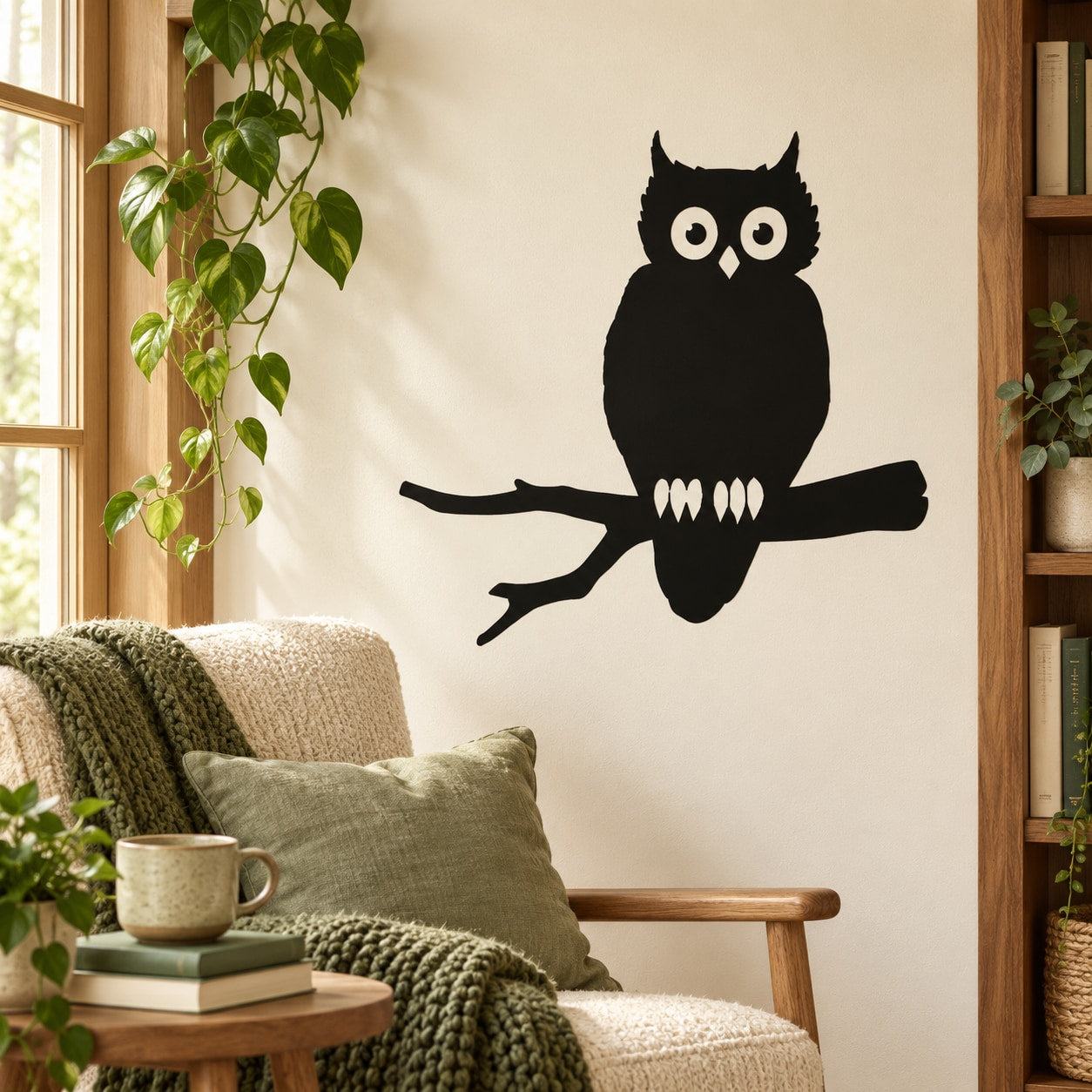 Black owl on branch wall decal with wide eyes and spread wings