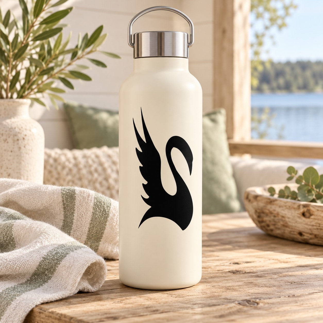 Black swan silhouette decal on a light cream bottle