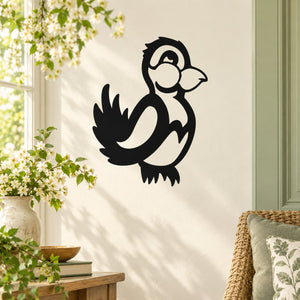 Black cartoon blushing bird wall decal with heart cheeks