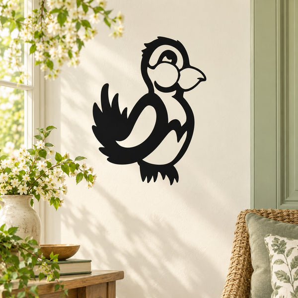 Black cartoon blushing bird wall decal with heart cheeks