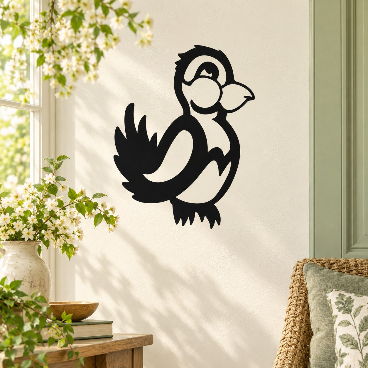 Black cartoon blushing bird wall decal with heart cheeks
