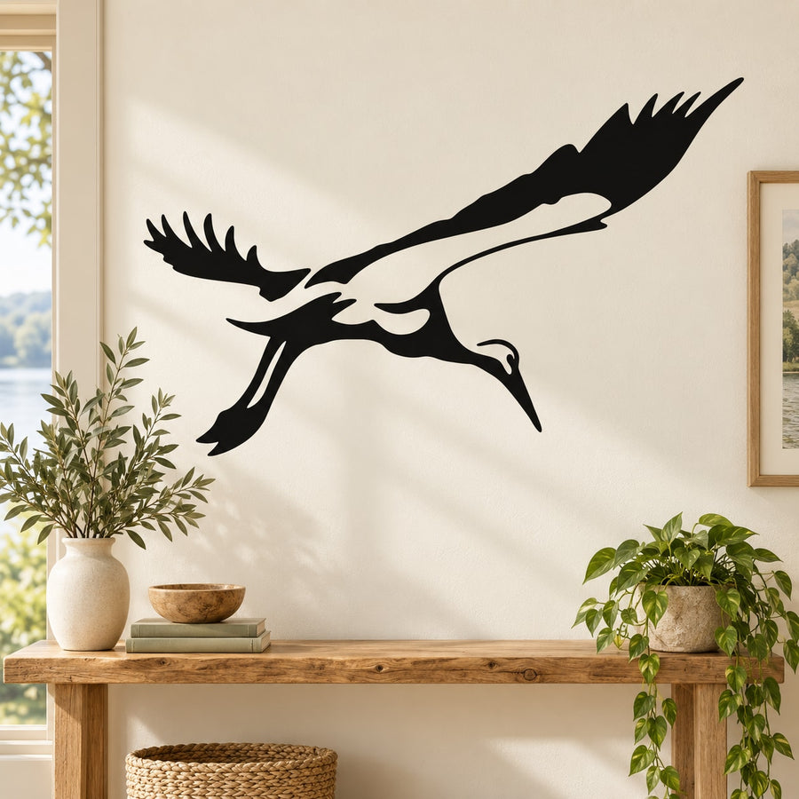 Black stork soaring wall decal with wing-spread silhouette
