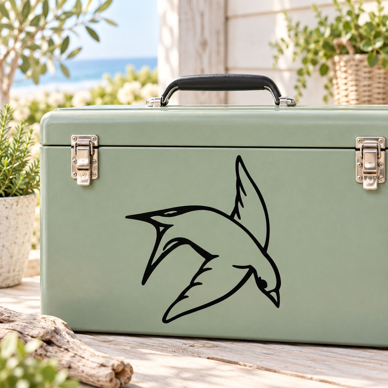 Black flying swallow decal on light green rectangular case