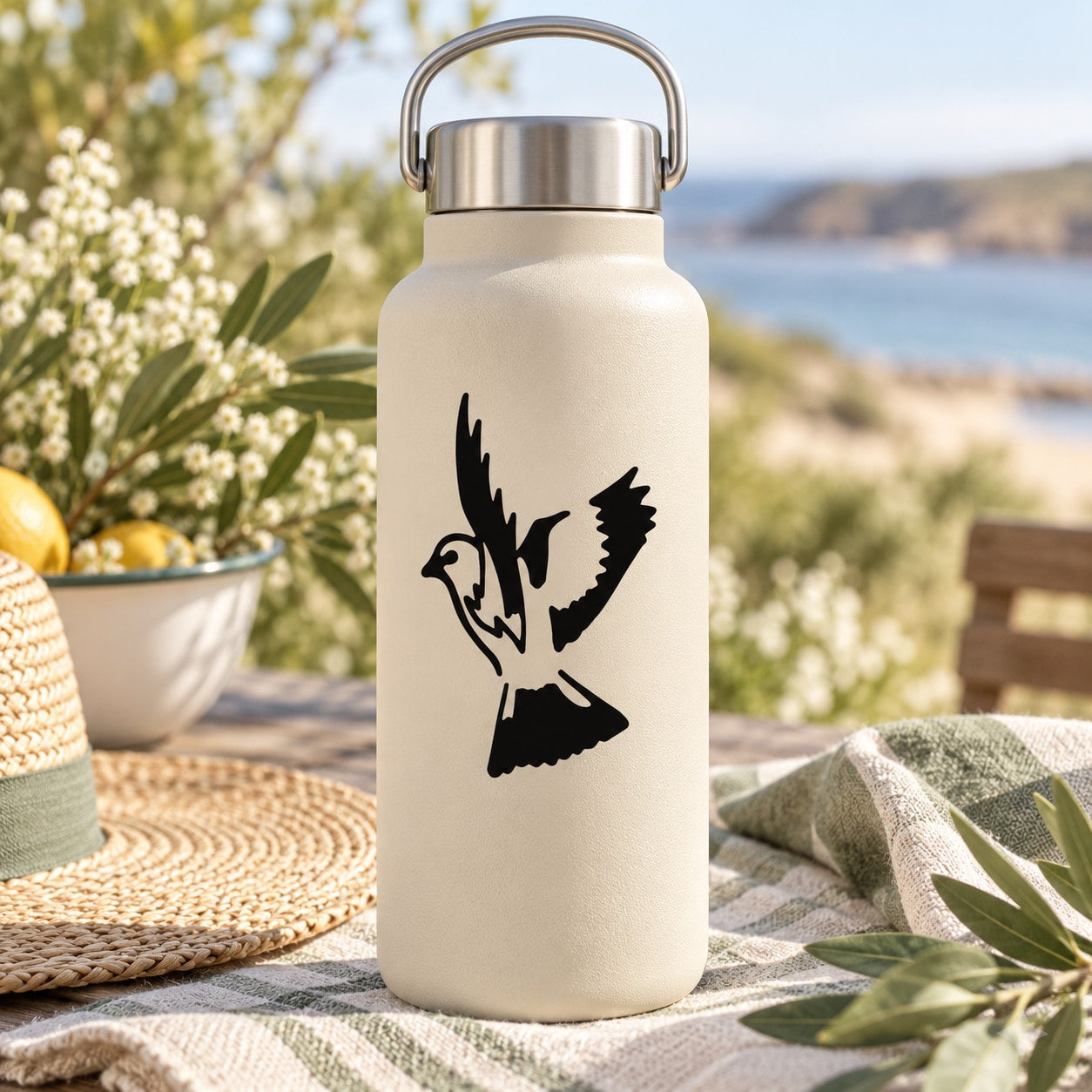Noble Dove decal on beige water bottle, black flying dove silhouette.