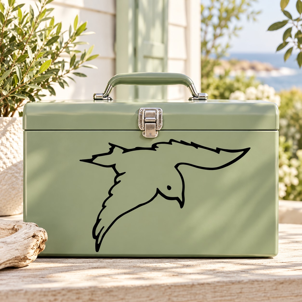 Mint green metal tool box with black flying swallow decal