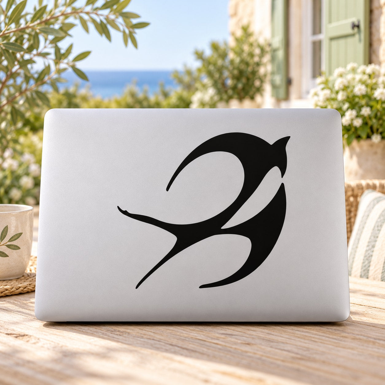 Winged swallow decal with black bird silhouette on light background