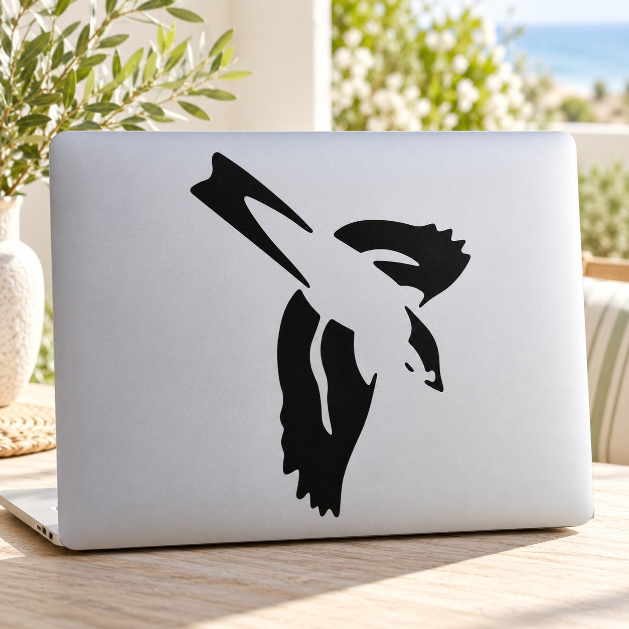 Diving swallow decal with black diving bird silhouette on a light surface