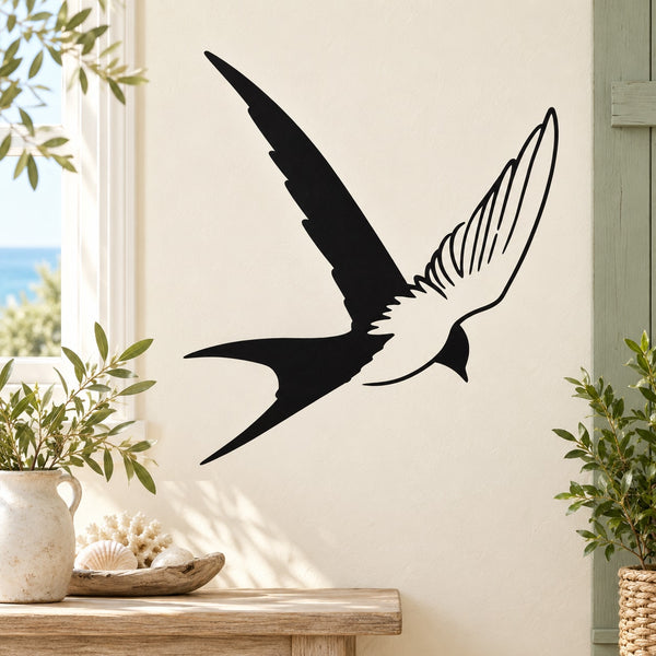 Black swallow wall decal with open wings and detailed feather lines