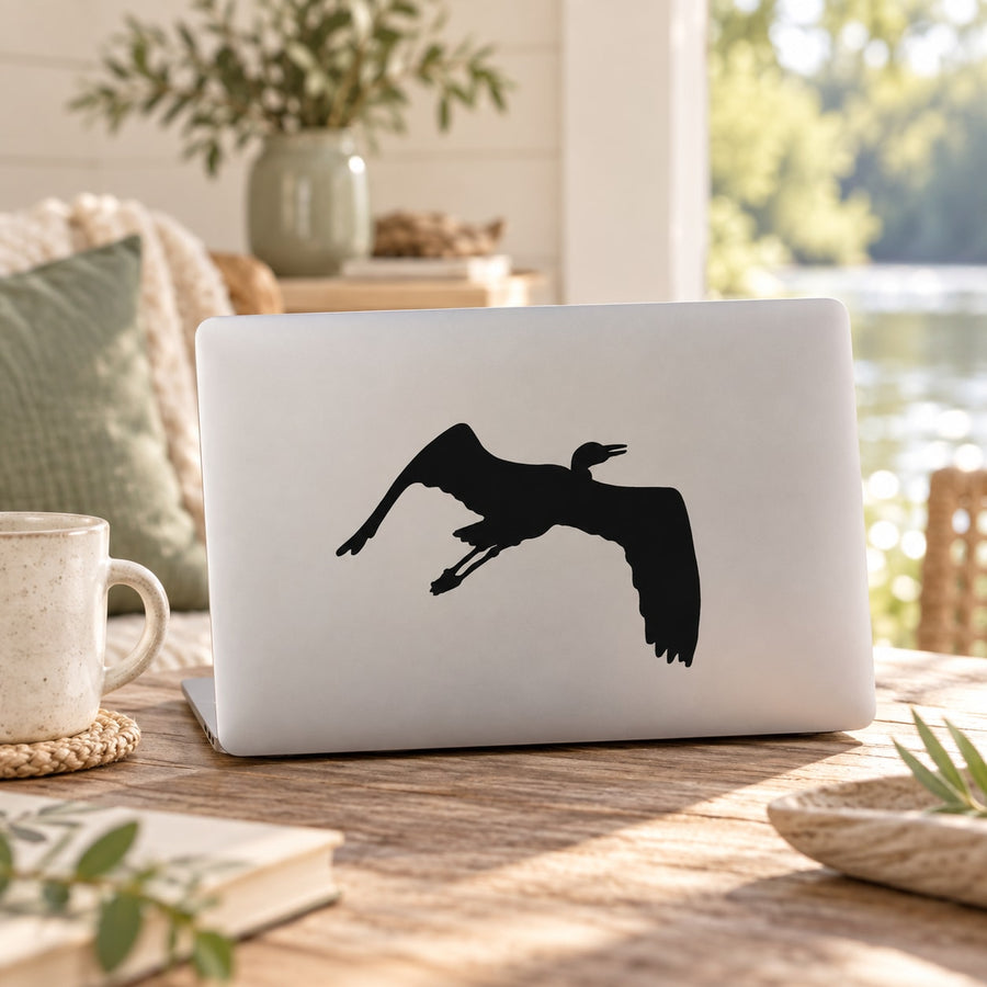 Flapping crane laptop decal sticker, black bird silhouette