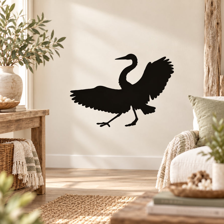Black crane silhouette wall decal with flared wings and outstretched beak