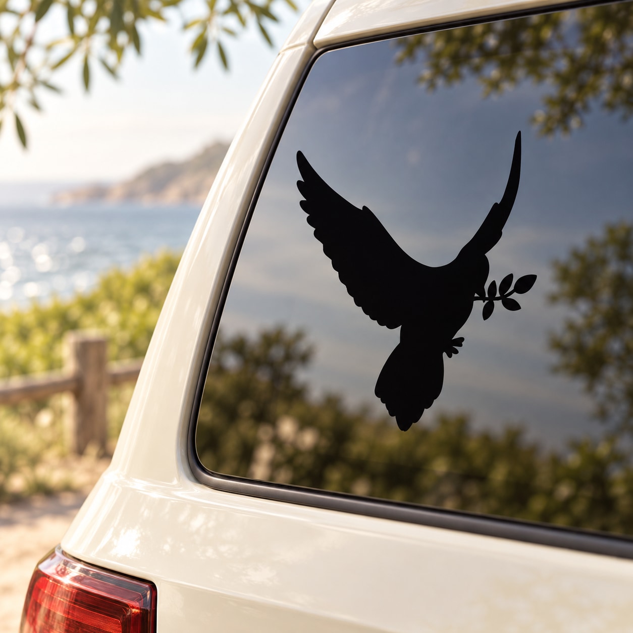Black dove silhouette decal with olive branch on car window