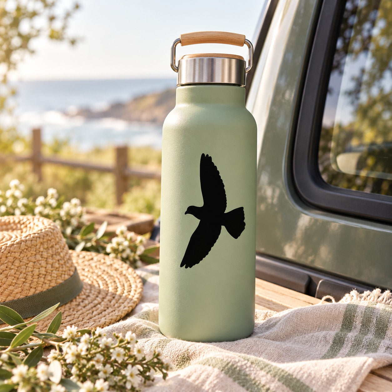 Sage green water bottle with black open-wing dove decal