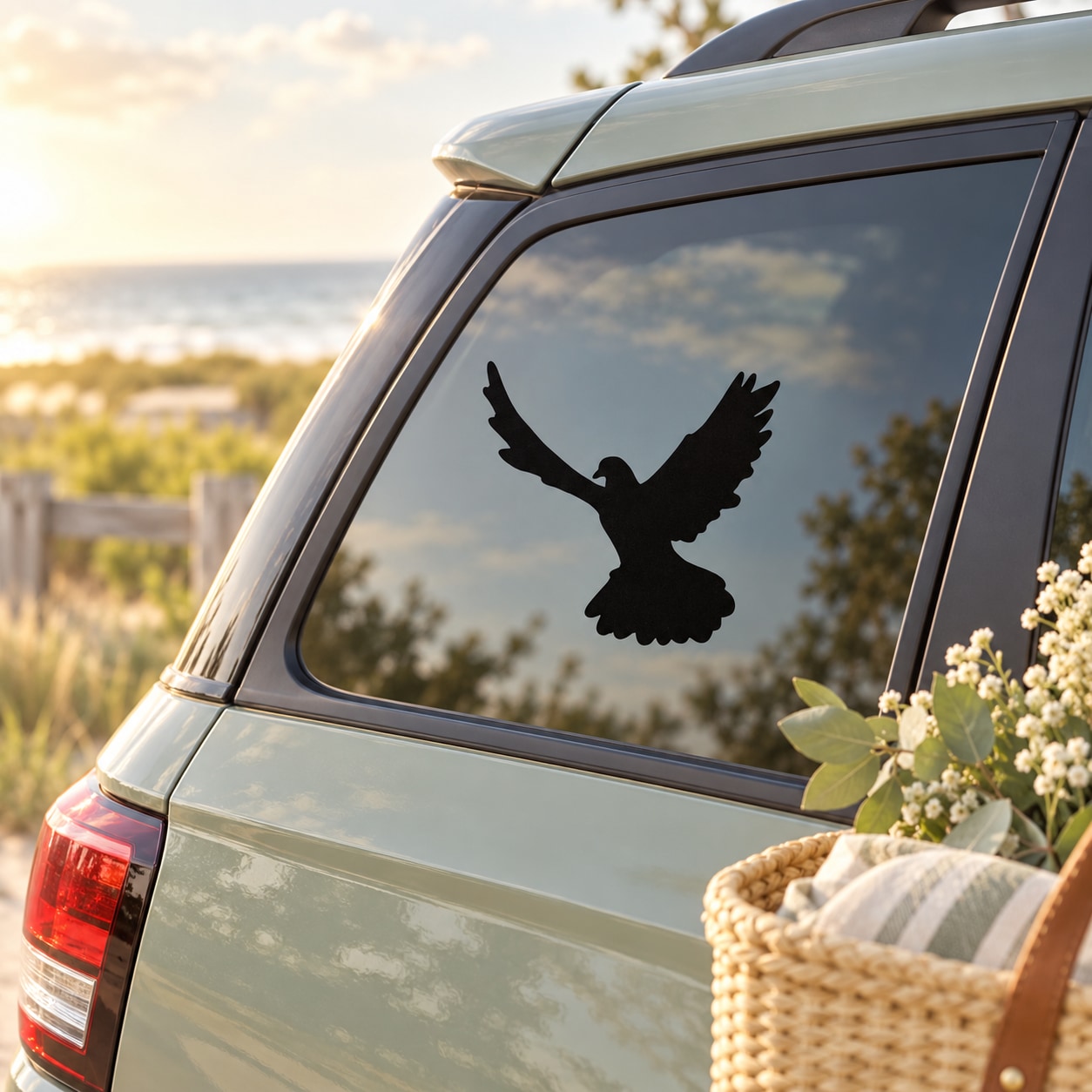 Black dove-in-flight decal on car rear window