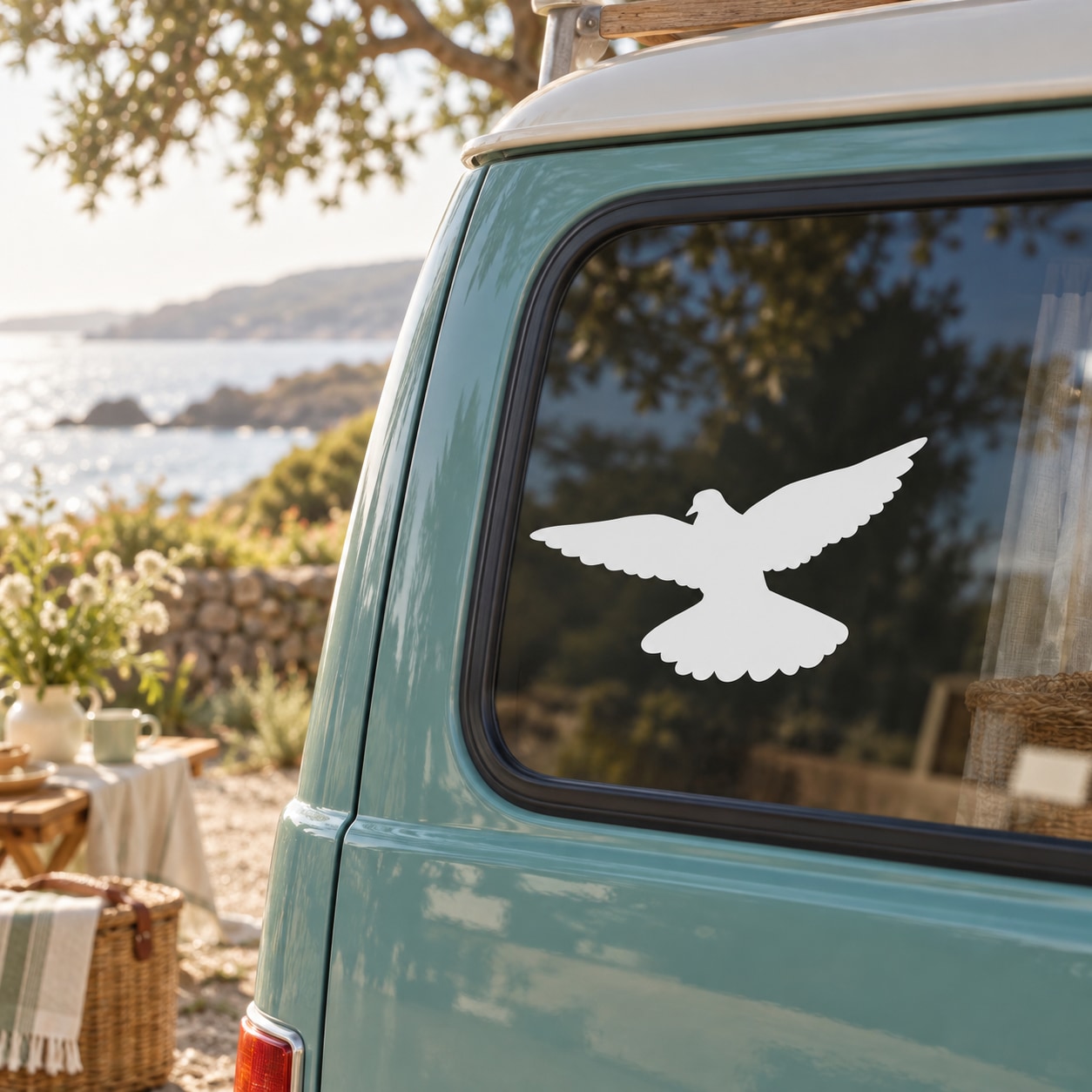 White dove decal with wide wings spread on blue car window