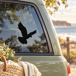 Landing dove decal sticker on a car window, black dove silhouette