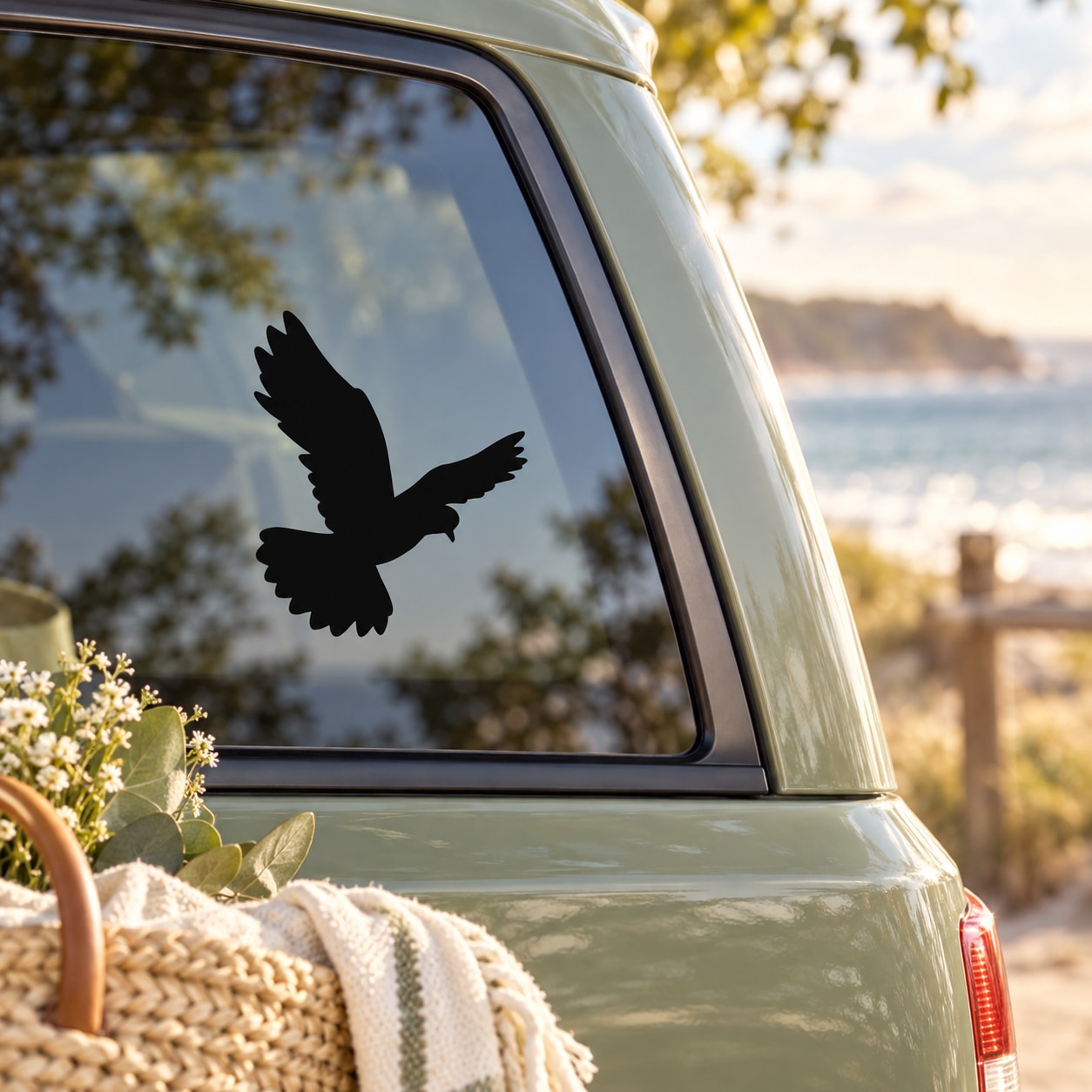 Landing dove decal sticker on a car window, black dove silhouette