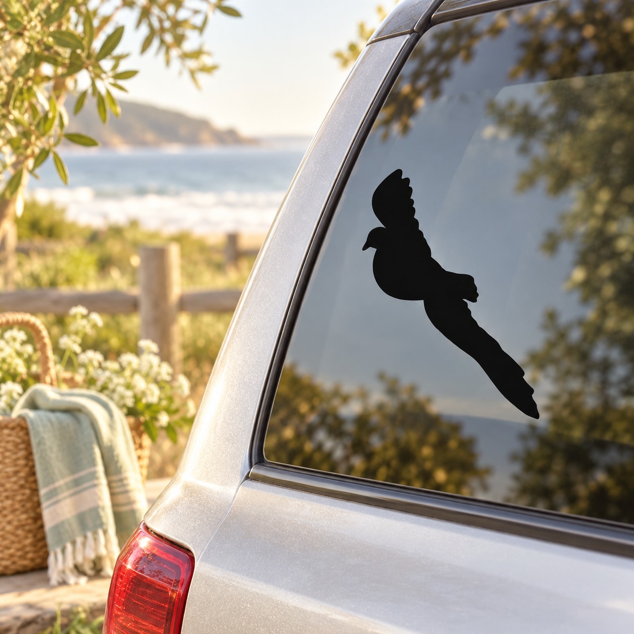 Flying dove decal sticker in black on a car window