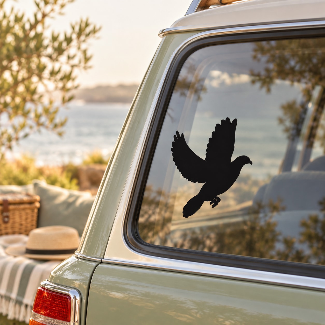 Black flying dove decal on car window glass