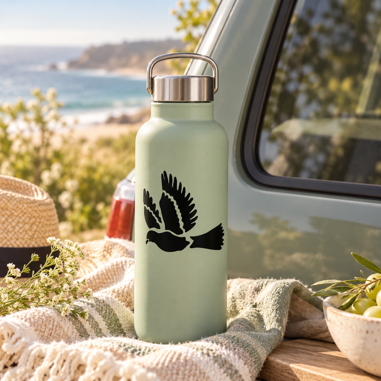 Black flying dove decal with wings spread on light green bottle