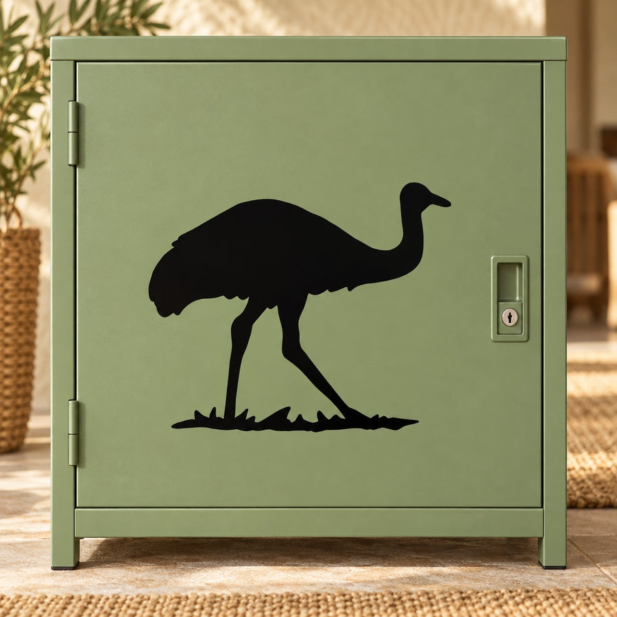 Emu walking decal with black emu silhouette on green background