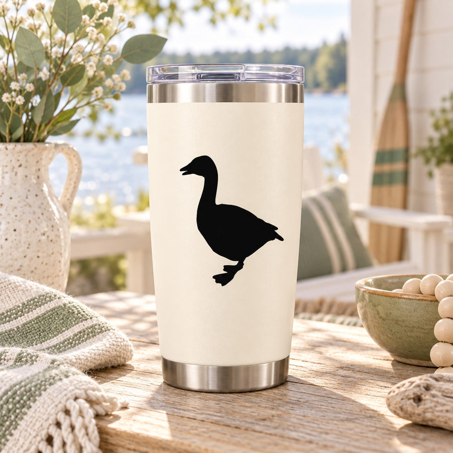 Black standing goose silhouette decal on stainless steel travel tumbler