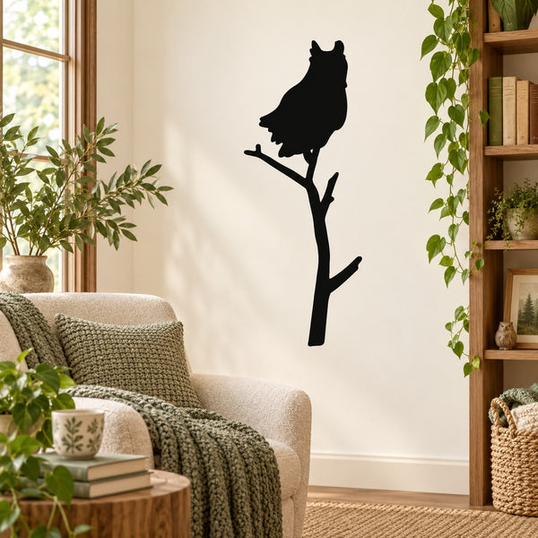 Black owl silhouette wall decal perched on a branch