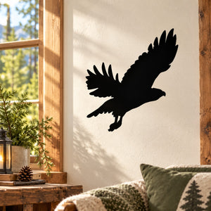 Black hawk wall decal silhouette with wings spread, removable outdoor-ready sticker