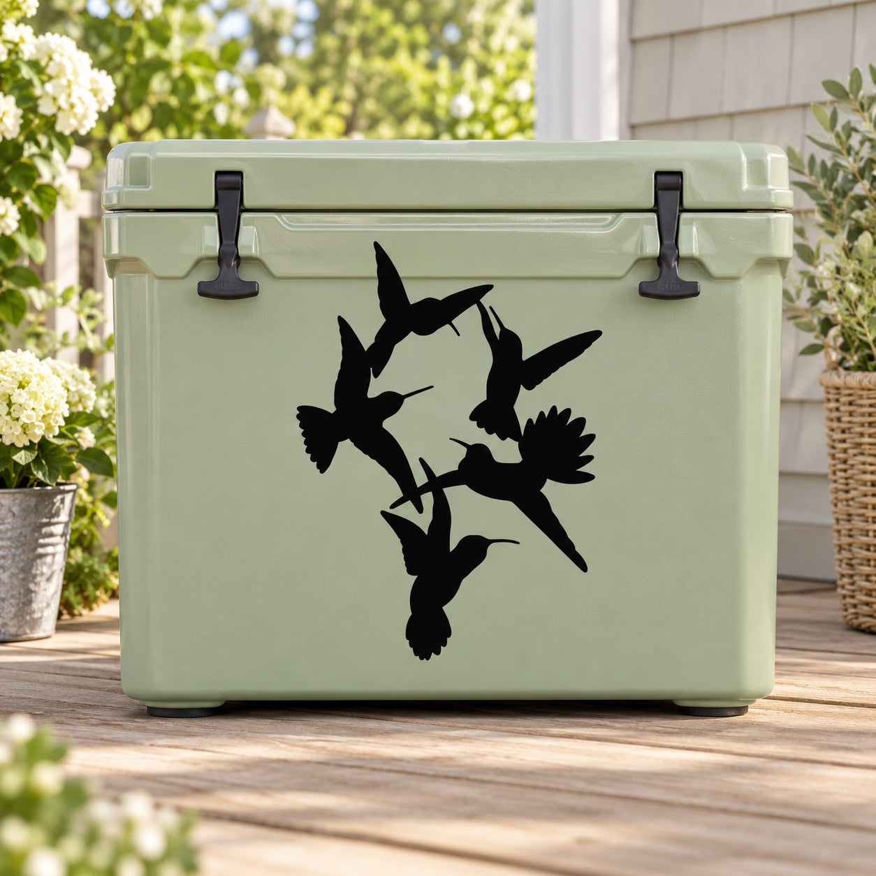 Black hummingbird group decal on a light green cooler