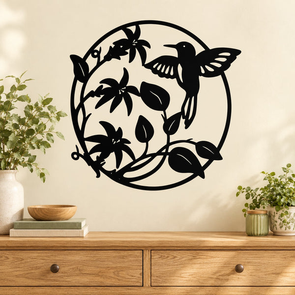 Black circular hummingbird floral wall decal with bird and leaves
