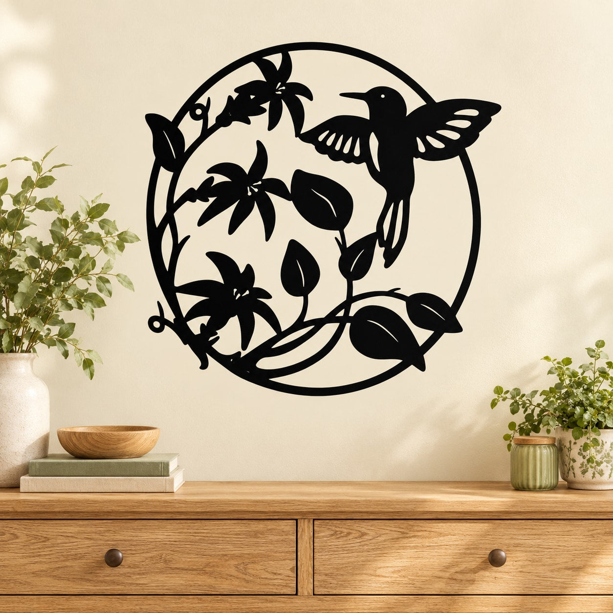 Black circular hummingbird floral wall decal with bird and leaves