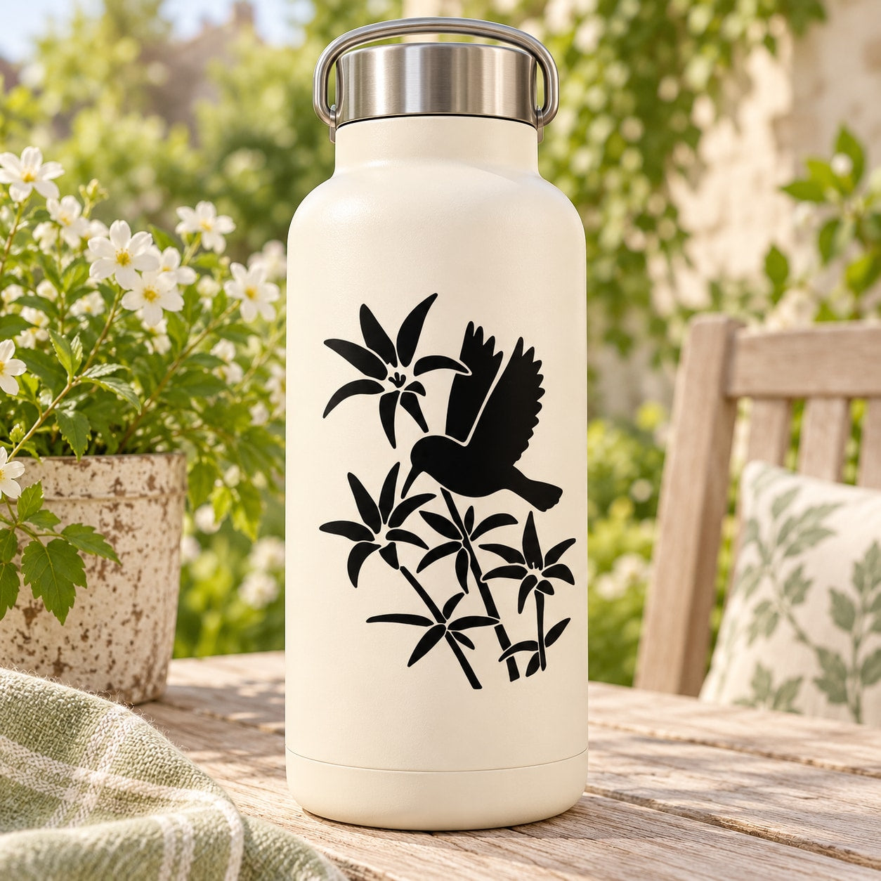 White bottle with black hummingbird and sprouting flowers decal