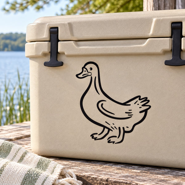 Duck line-art vinyl decal with black outline on a light tan surface